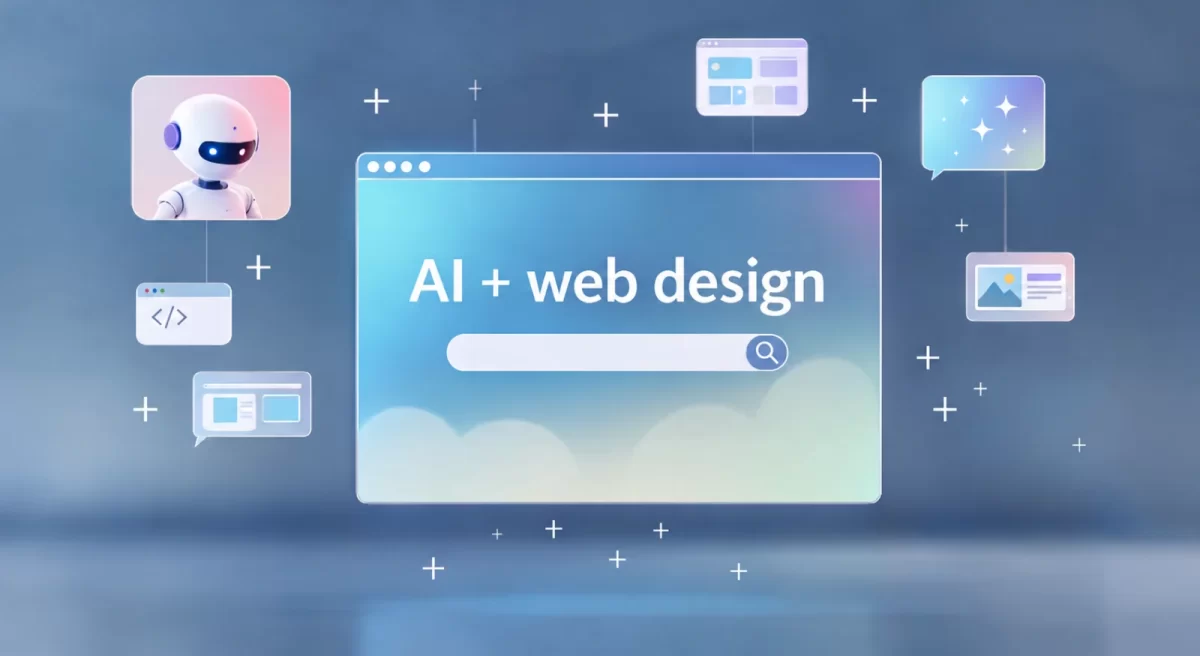 Illustration of a browser window labelled AI + web design with a robot icon