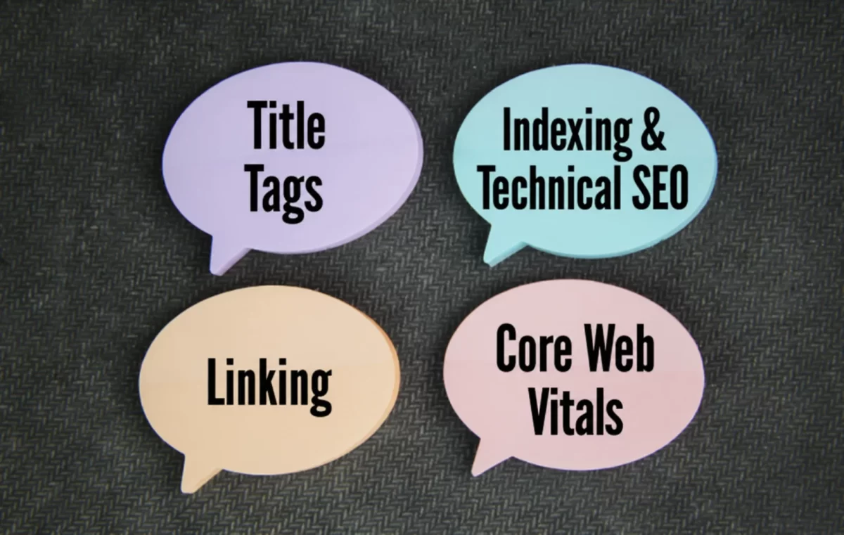 Speech bubbles labelled Title Tags, Indexing & Technical SEO, Linking and Core Web Vitals