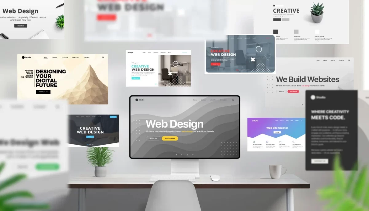 Collage of website layouts around a desktop computer showing a web design homepage